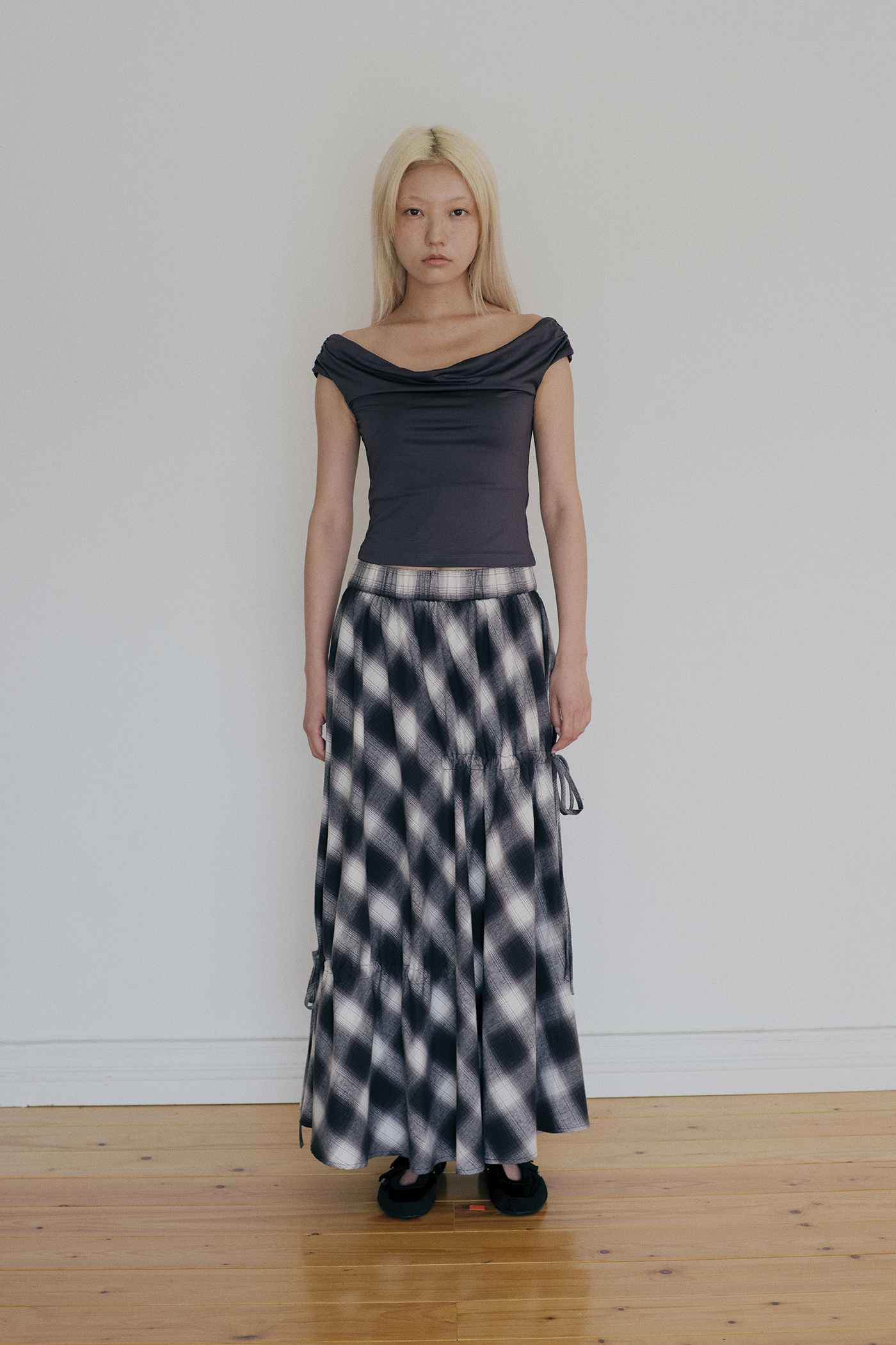 Checked Ruched Midi Skirt