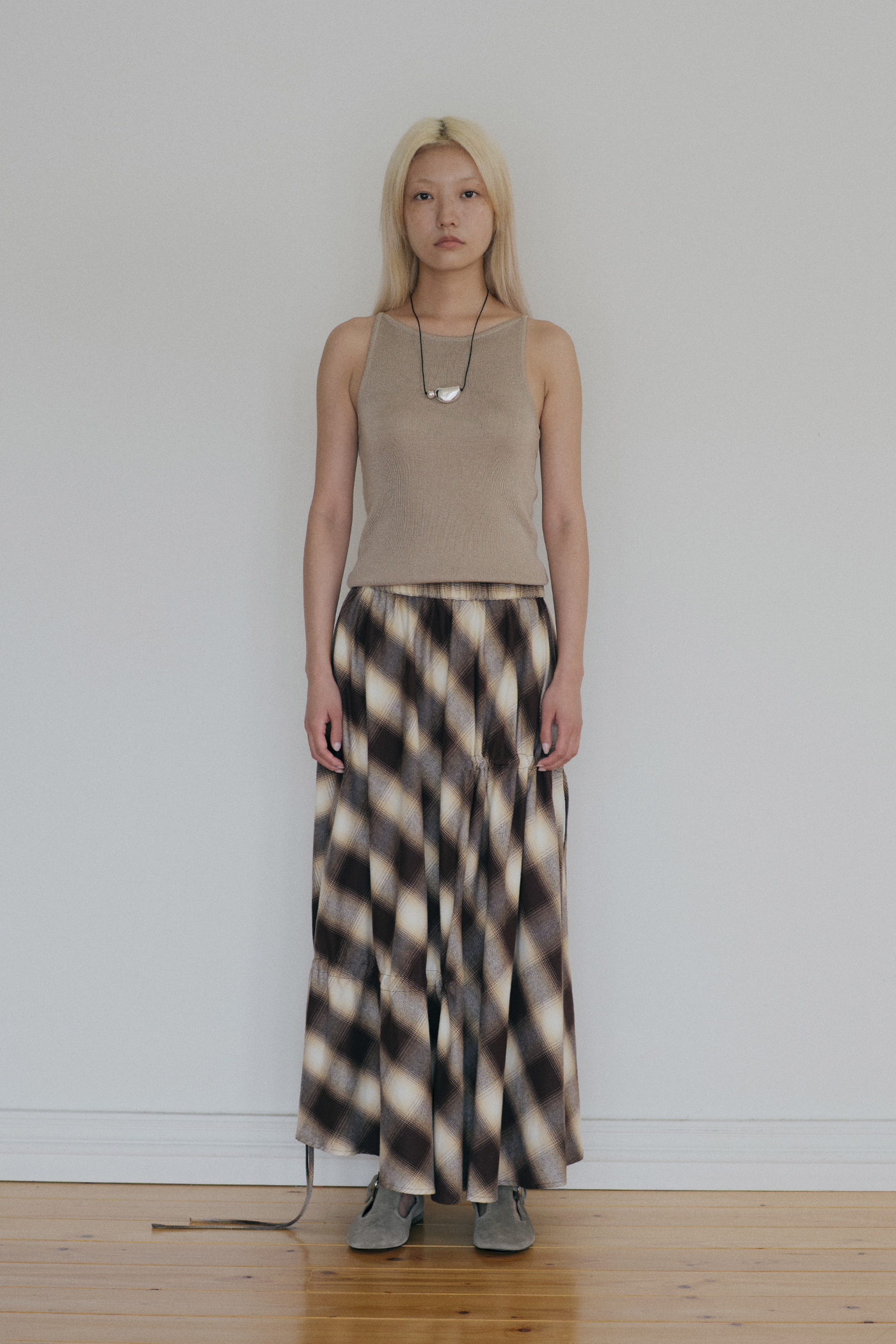 Checked Ruched Midi Skirt