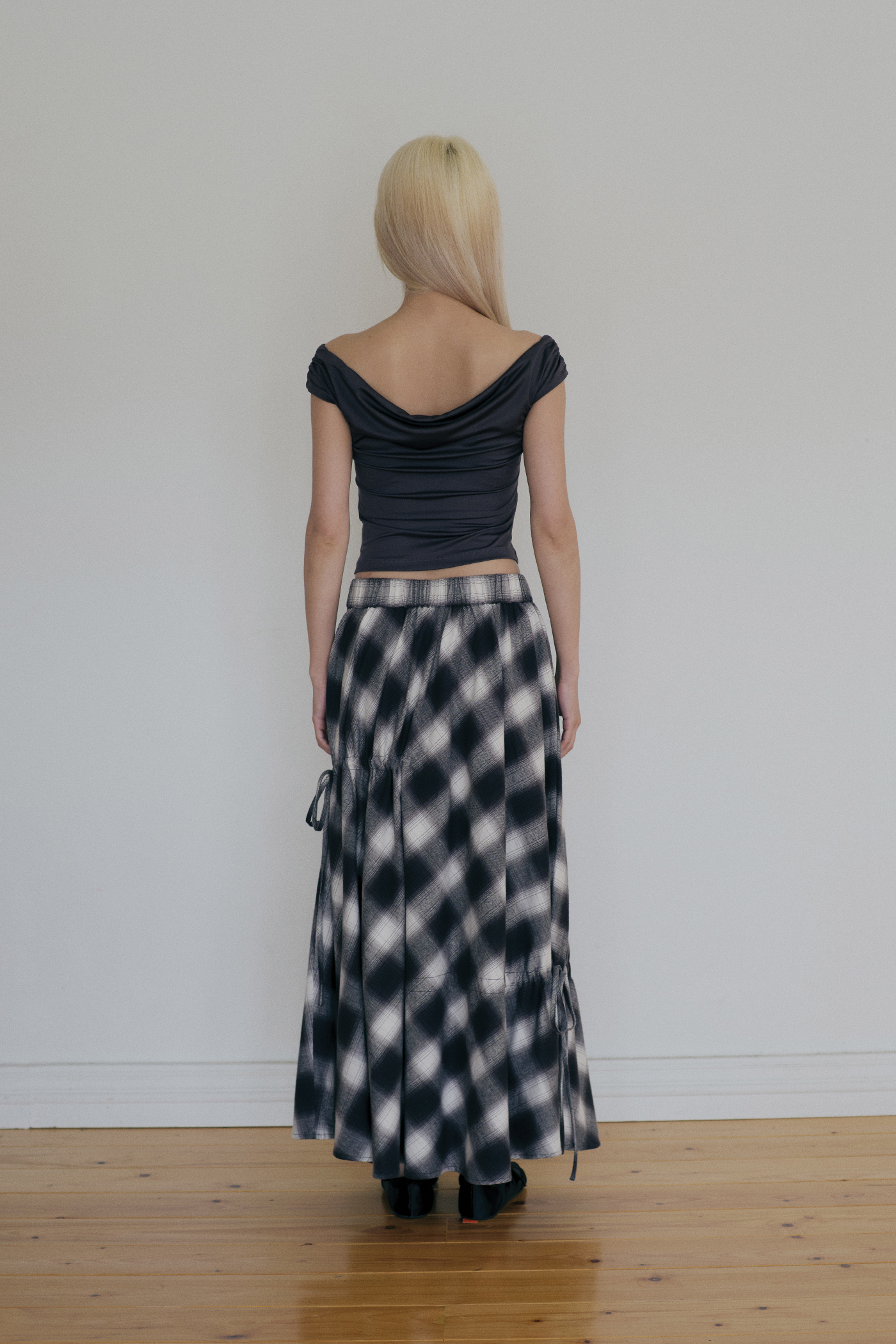 Checked Ruched Midi Skirt