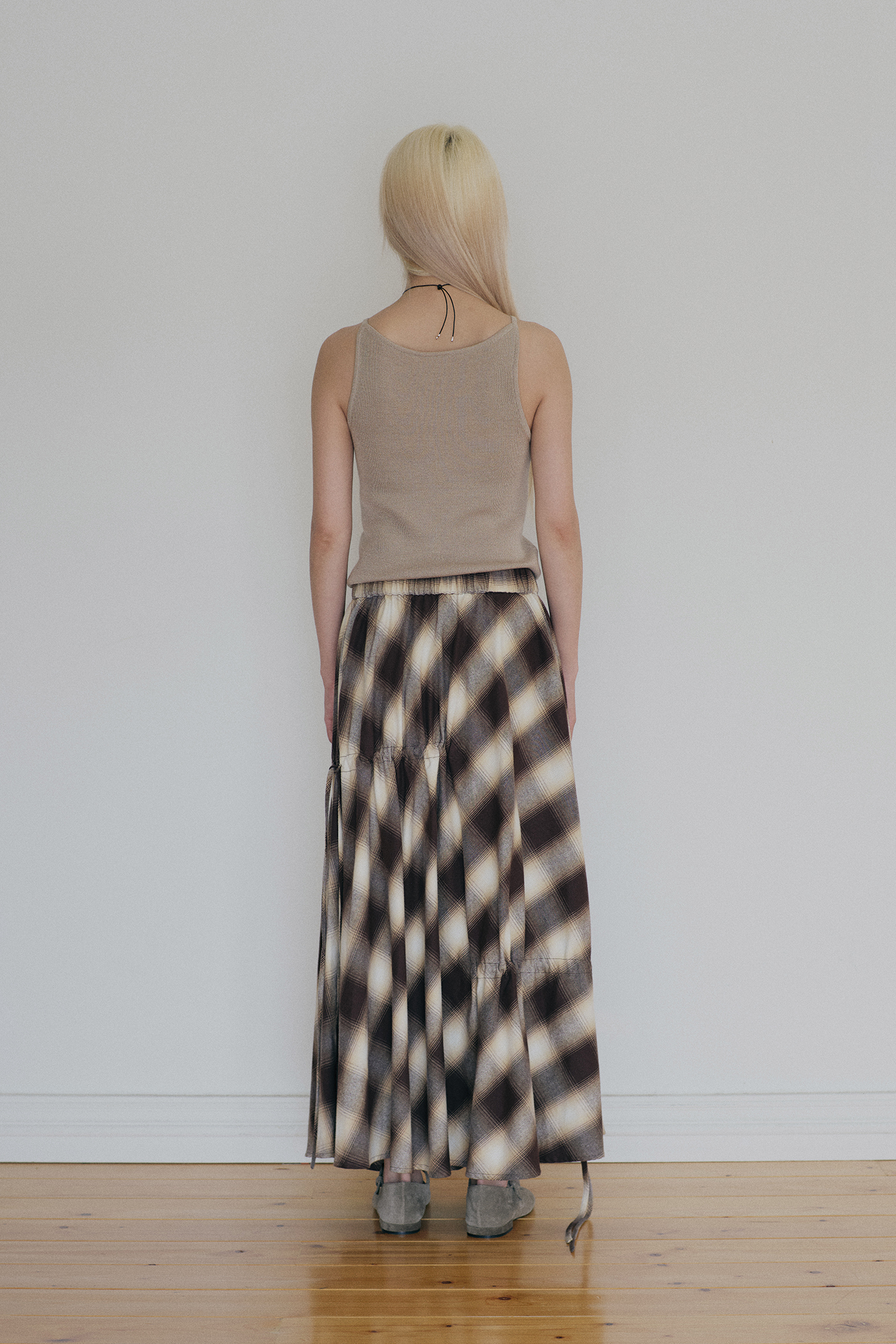 Checked Ruched Midi Skirt